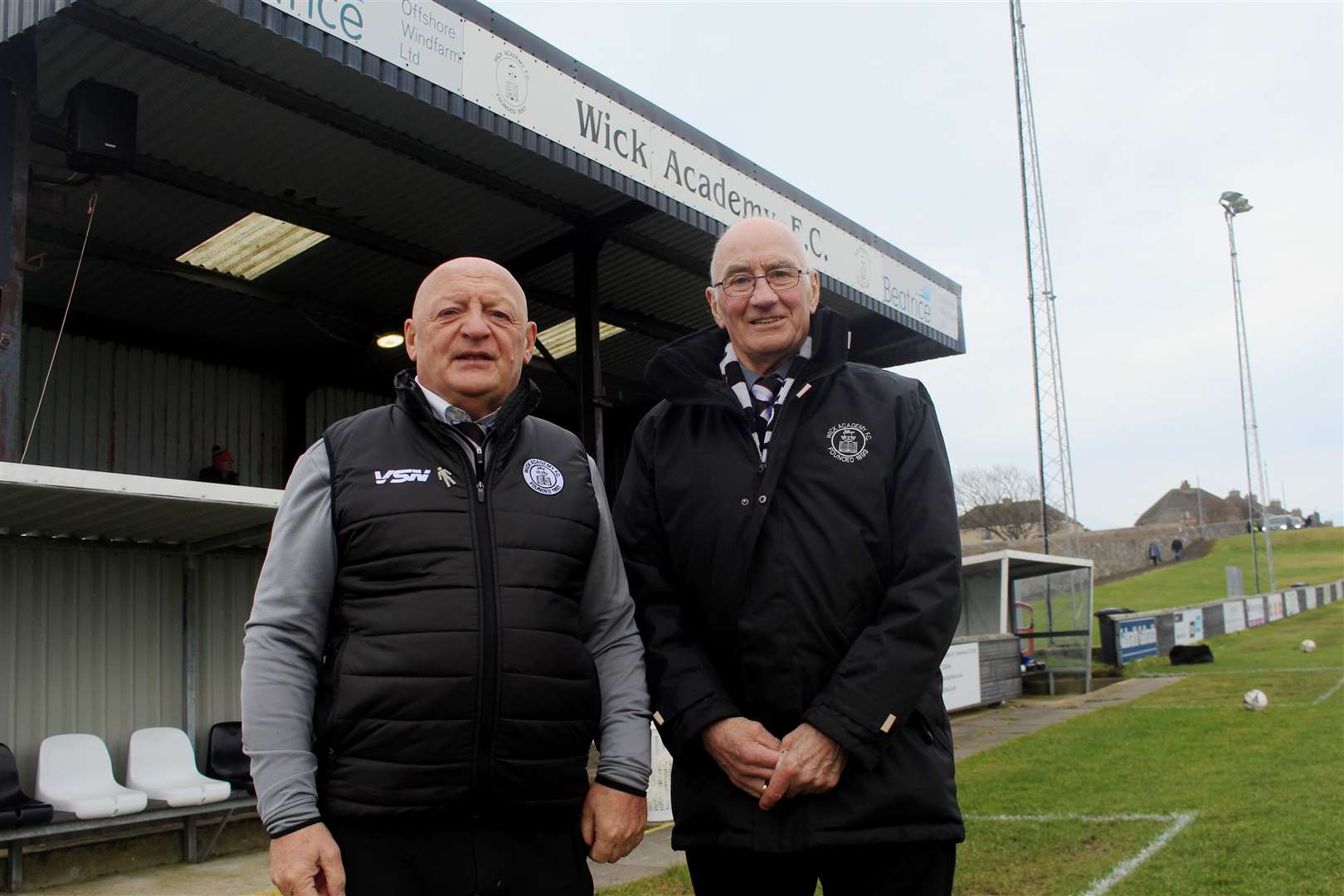 Alistair Gunn (right) with the current chairman, Pat Miller, before a recent Highland League match. Picture: Alan Hendry