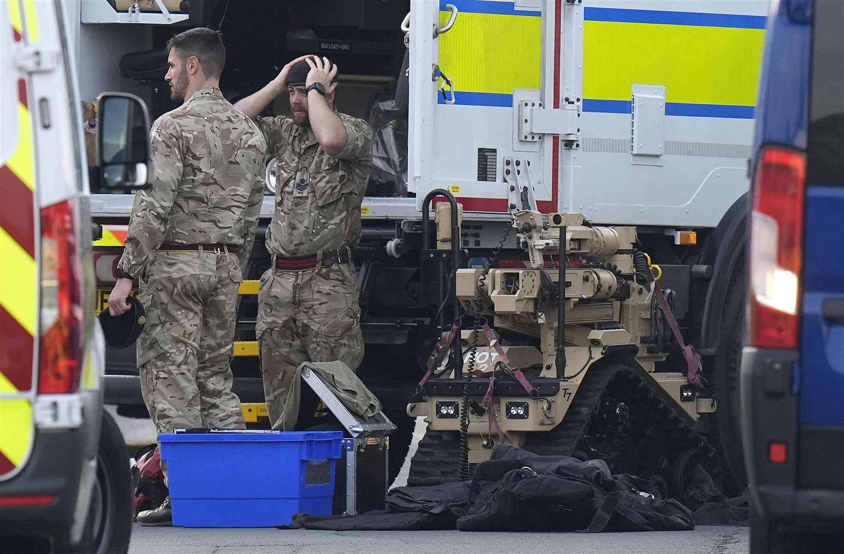 Members of the armed services at the scene in Grimethorpe after more than 100 homes were evacuated (Danny Lawson/PA)