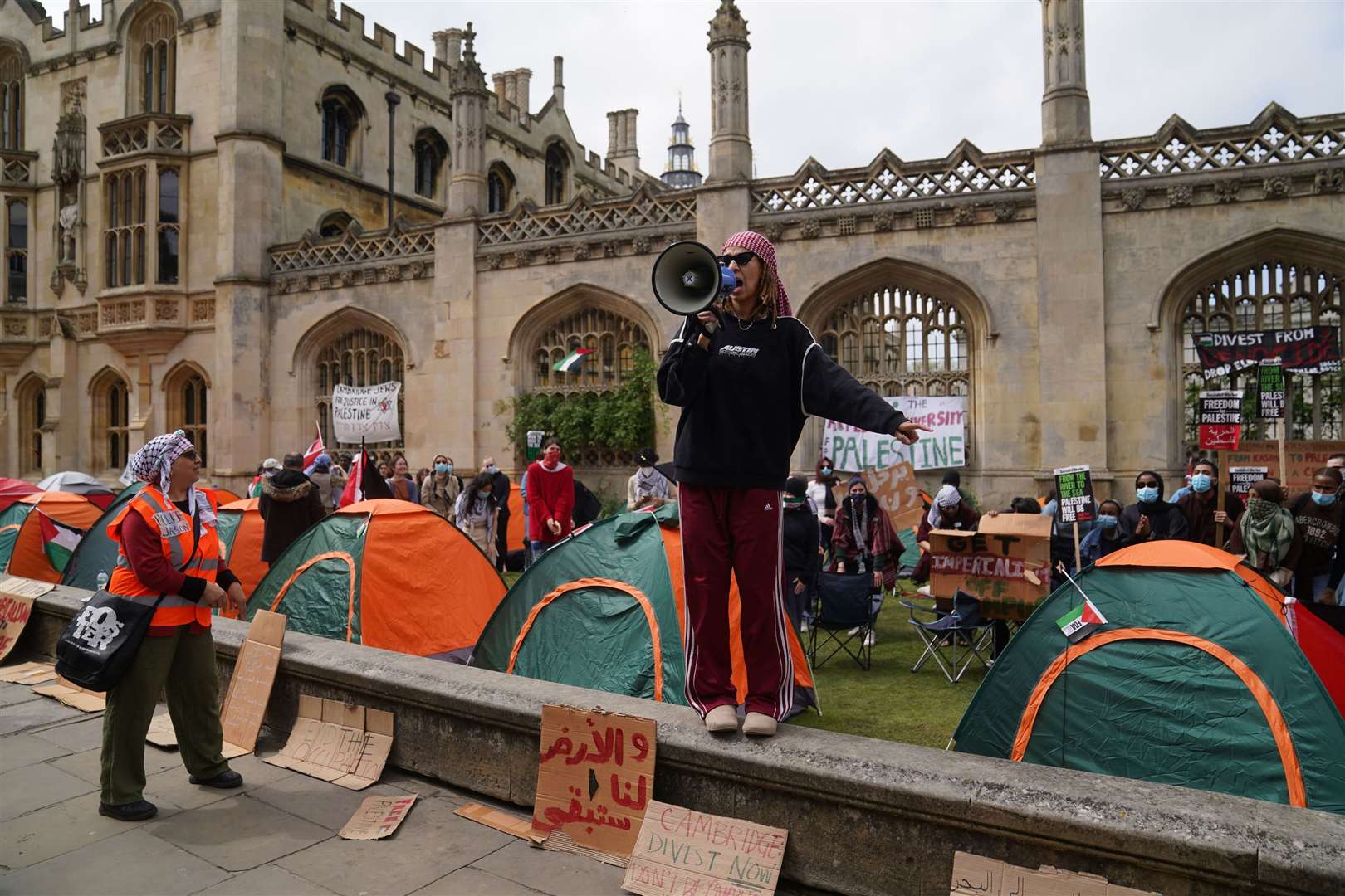 Students speaking at an encampment in the grounds of Cambridge University, protesting against the war in Gaza (Joe Giddens/PA)