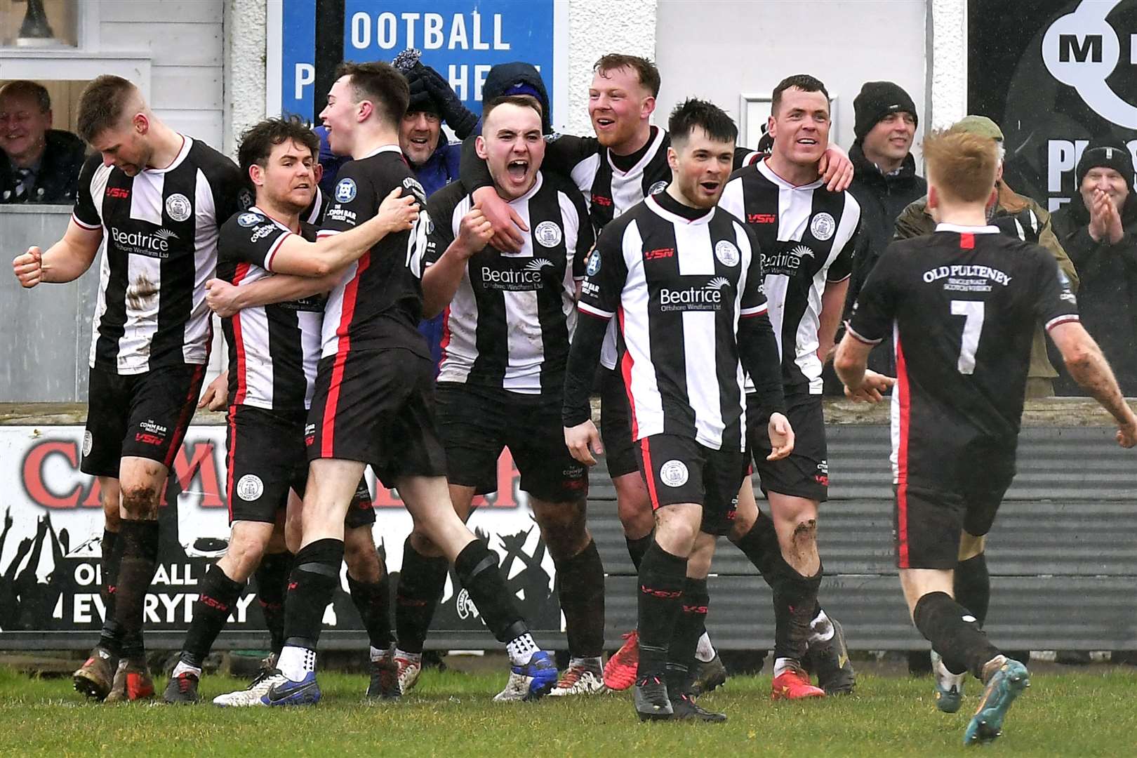 Owen Harrold (fourth player from the left) in the midst of the celebrations after Marc Macgregor scored his second goal of the afternoon against Buckie Thistle at Harmsworth Park. Picture: Mel Roger
