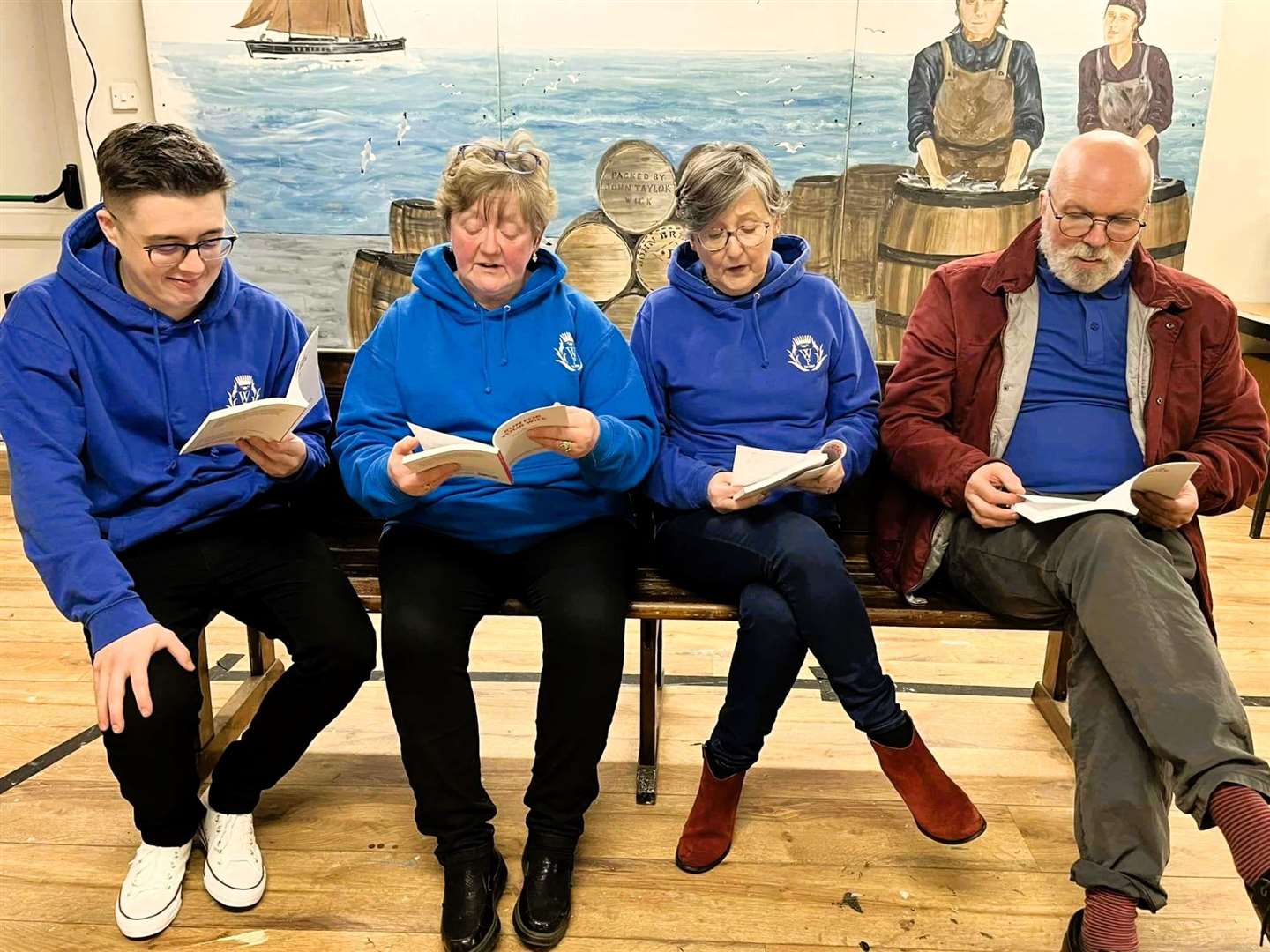 Script reading following the National Drama Day photo. From left, Jayden Alexander, Jenny Szyfelbain, Marney Bruce and Derek Douglas reading a snippet of Ray Cooney’s 1983 two-act farce 'Run for Your Wife'.