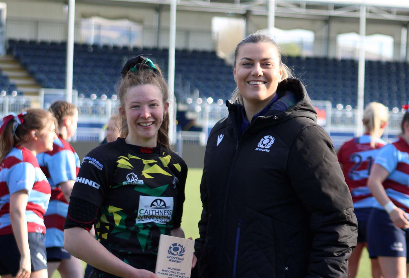 Caitlin Harvey receiving her player-of-the-match award from Rosy Ryan, Scottish Rugby’s lead development manager for women's and girls' rugby. Picture: Anja Johnston