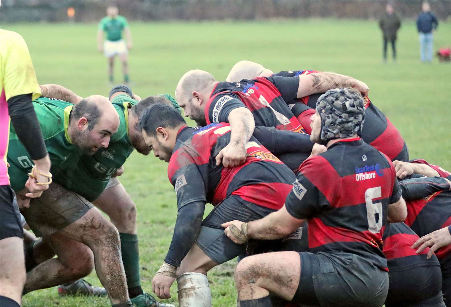 Michael Gunn in the front row gets ready to lock horns in the scrum during the Greens' 26-14 victory over Aberdeenshire in December, an all too rare home match for Caithness. Picture: James Gunn