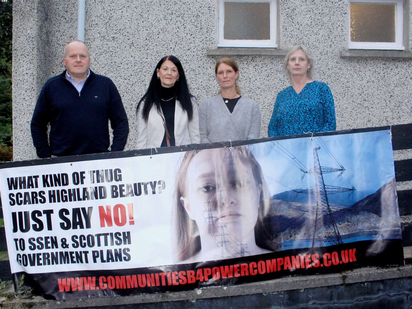 Outside the community hall in Dunbeath before a public meeting held in September last year are (from left) Angus MacInnes, chairman of Berriedale and Dunbeath Community Council, Lynn Parker, secretary of Dunbeath/Berriedale Community Say NO to Pylons, and Denise Davis and Lyndsey Ward from Communities B4 Power Companies. Picture: Alan Hendry
