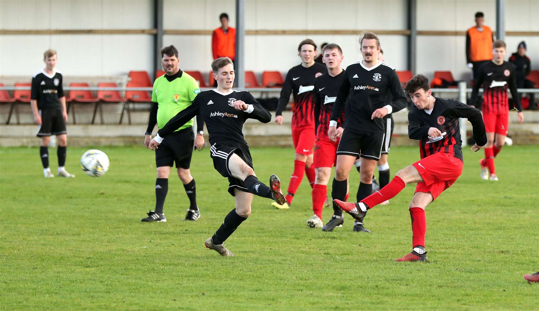 Halkirk United striker Kyle Henderson fires a shot past an outstretched Aarron Wilson in the Anglers' 4-0 win against Thurso last Saturday. Picture: James Gunn