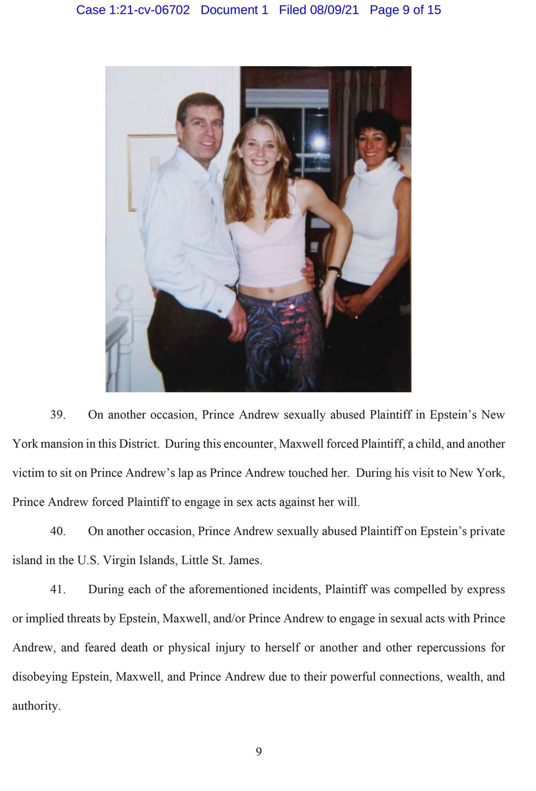 A page, showing a picture of the Duke of York, Virginia Giuffre, and Ghislaine Maxwell, from the legal action document (PA)
