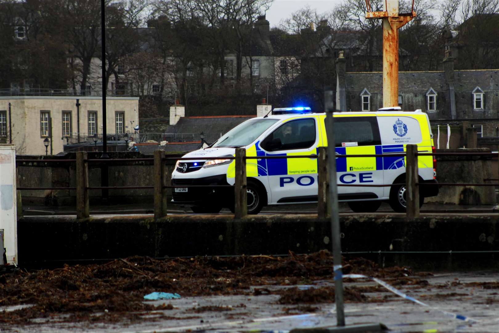 The police van keeping traffic away from the Service Bridge. Picture: Alan Hendry