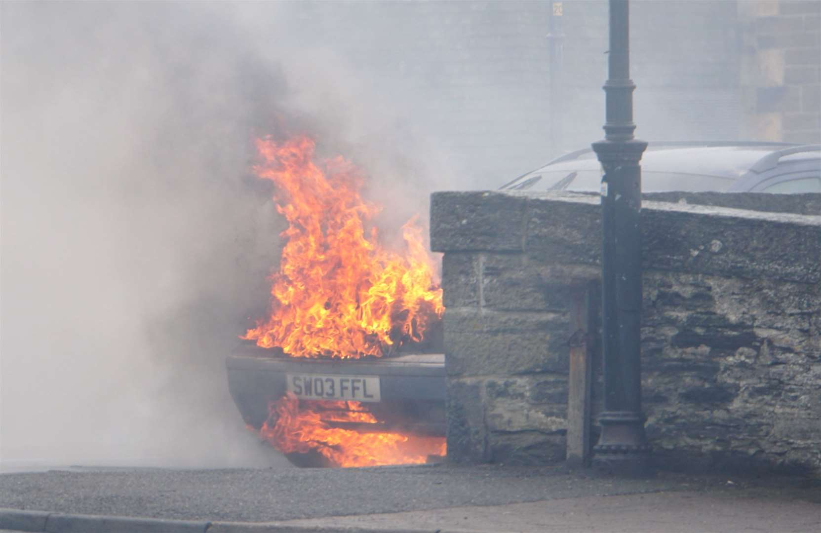 A car burst into flames on Wick Bridge Street at 12.50pm today (Wednesday). Pictures: DGS
