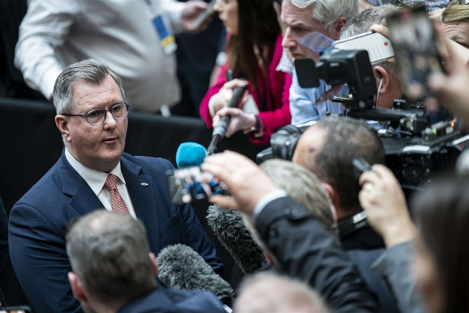 Jeffrey Donaldson from the DUP speaks to the media after US President Joe Biden delivered his keynote speech at Ulster University in Belfast (Aaron Chown/PA)