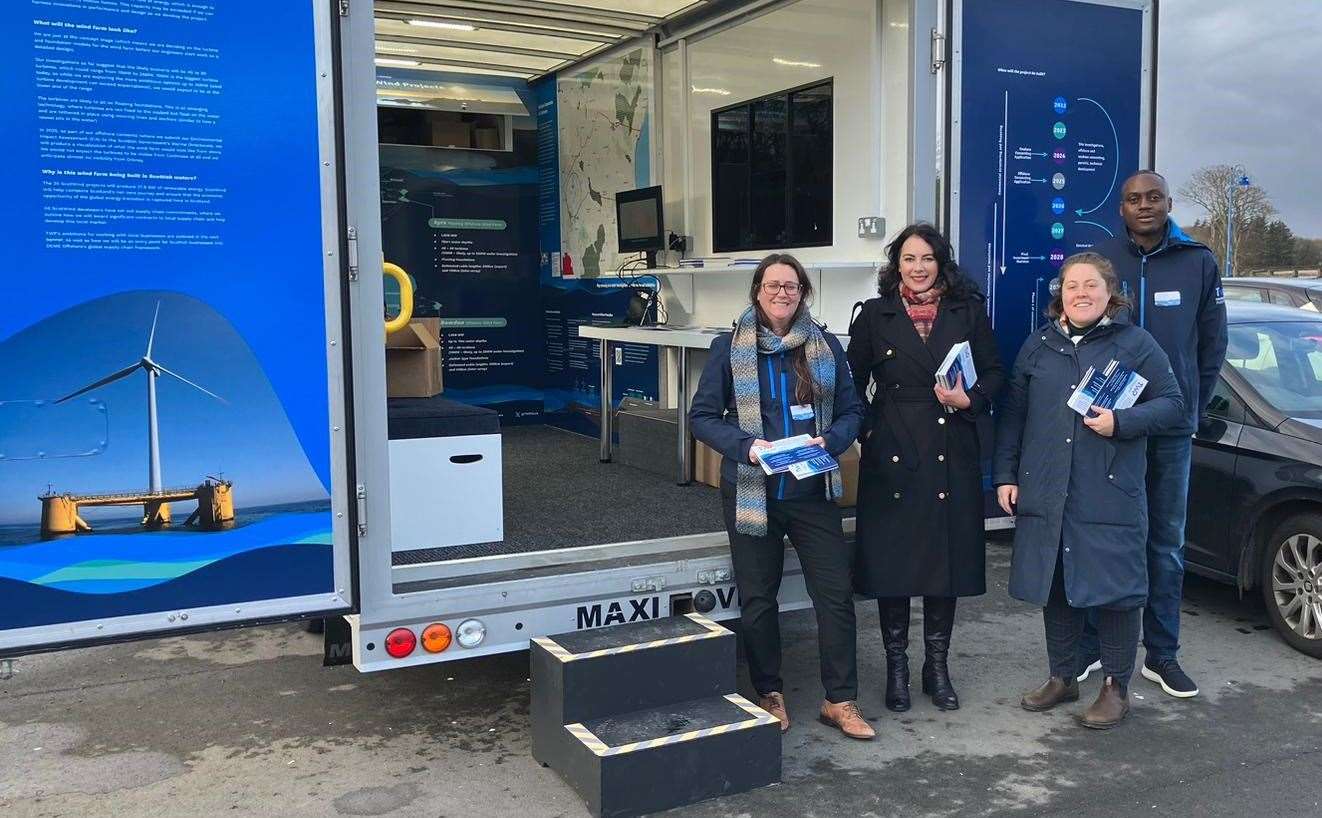 Some of the TWP team at the exhibition bus which is touring the county until Saturday. Pictured are Maryanne Paterson (onshore consents manager), Amy Needham (communications manager), Eleanor Maxim (assistant communications manager) and Nosakhare Oronsaye (lead cables engineer).