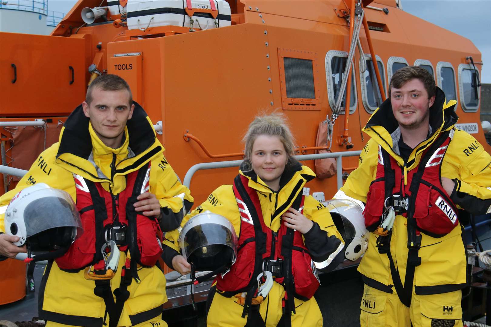 The three Wick lifeboat recruits who have completed their Crew Emergency Procedures training at Poole in Dorset – (from left) Martin Gibson, Zoe Rothera and Elliot Geddes.