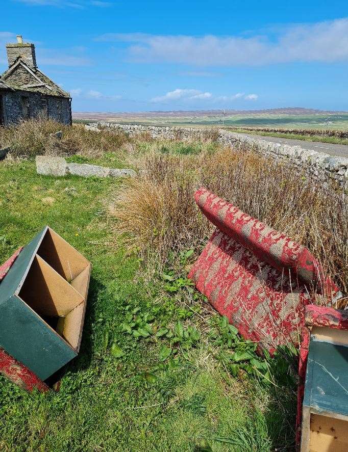 The unsightly seating units that were dumped beside a croft house at Freswick owned by Willie McLean's elderly mother.