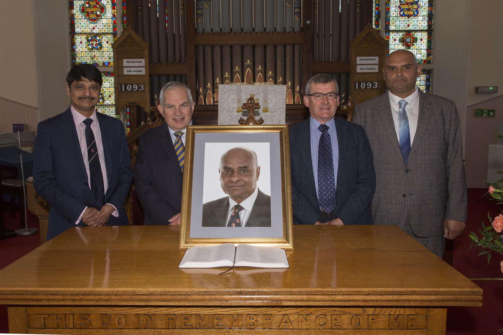 Pradip Datta's son, Dr Sandip Datta (right), with speakers (from left) Professor Rajamiyer Venkateswaran, Professor John Duncan and William Miller, a family friend who conducted the service. Picture: Robert MacDonald / Northern Studios