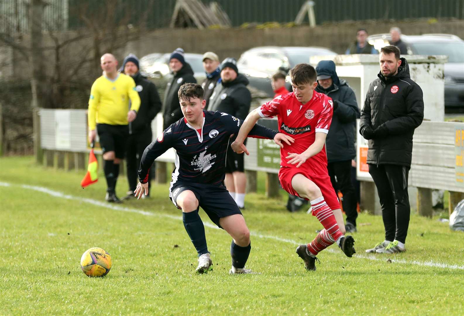 Thurso's Dylan Alexander tussles with Fraser Russell of Inverness Athletic. Picture: James Gunn