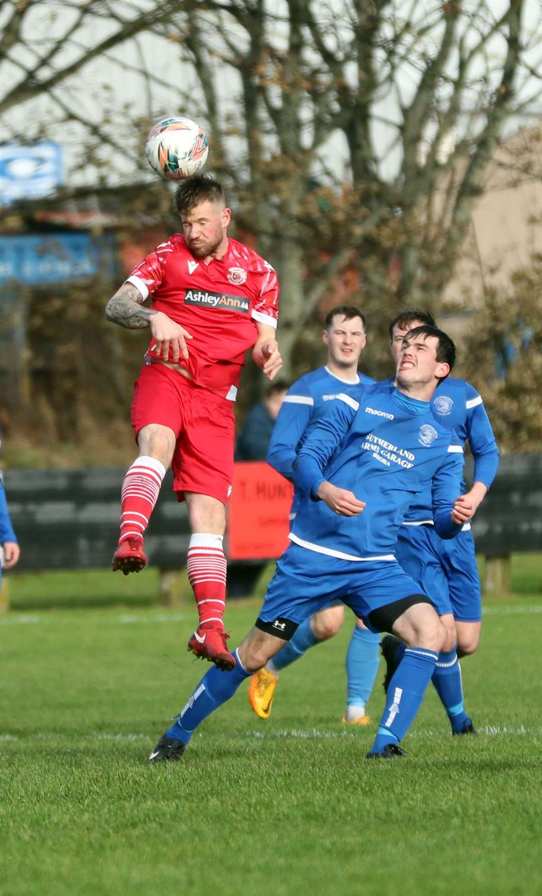 Thurso's Michael Petrie wins a header during the 4-3 defeat to Golspie at the Dammies. Picture: James Gunn