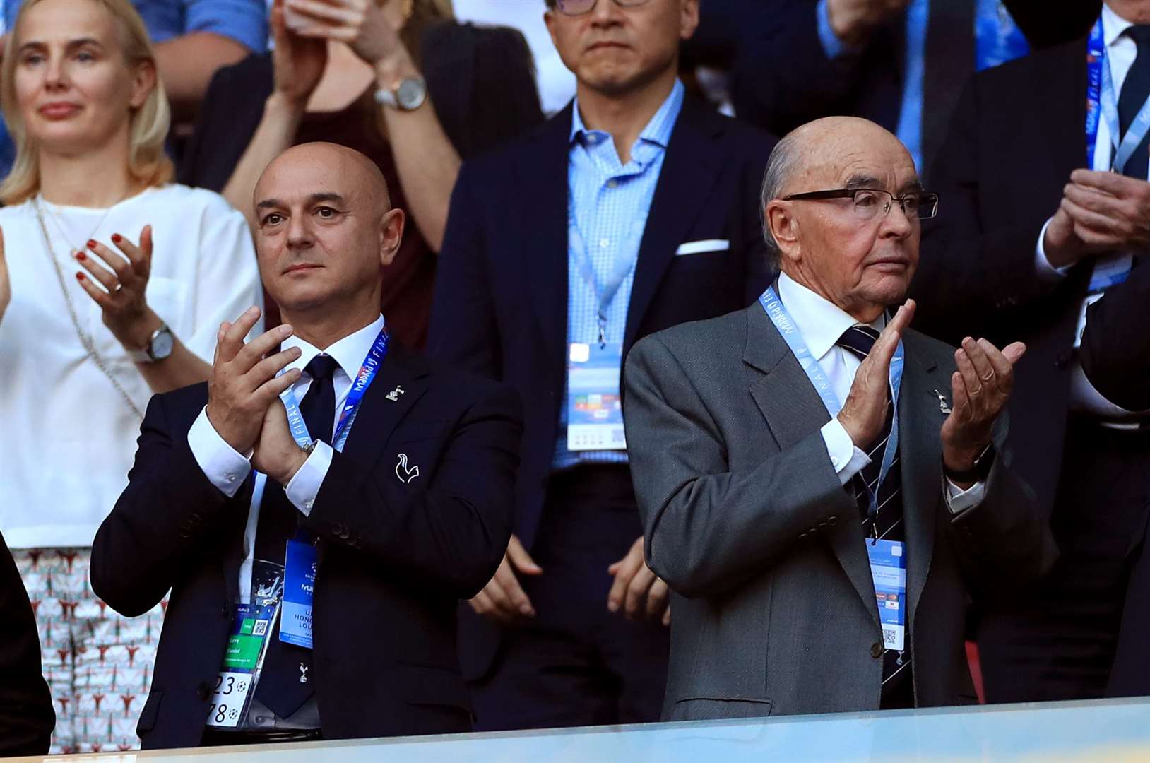 Tottenham Hotspur owner Joe Lewis (right) applauds in the stands with chairman Daniel Levy (left) (PA)