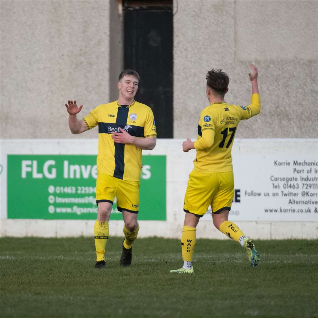After netting his first goal for Wick Academy, Jamie Flett (left) is congratulated by Mark Macadie. Picture: Callum Mackay