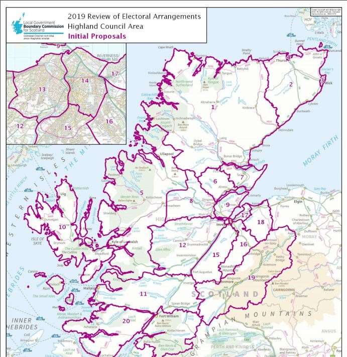 A map outlining the Boundary Commission proposals for the Highland Council area.