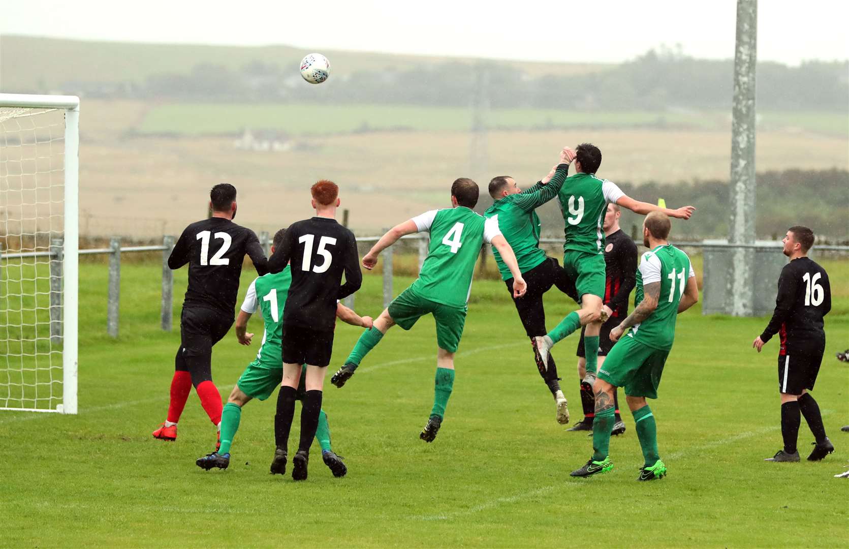A let-off for Halkirk United keeper Sean Milligan as Bonar come close with a header from a free kick. Picture: James Gunn