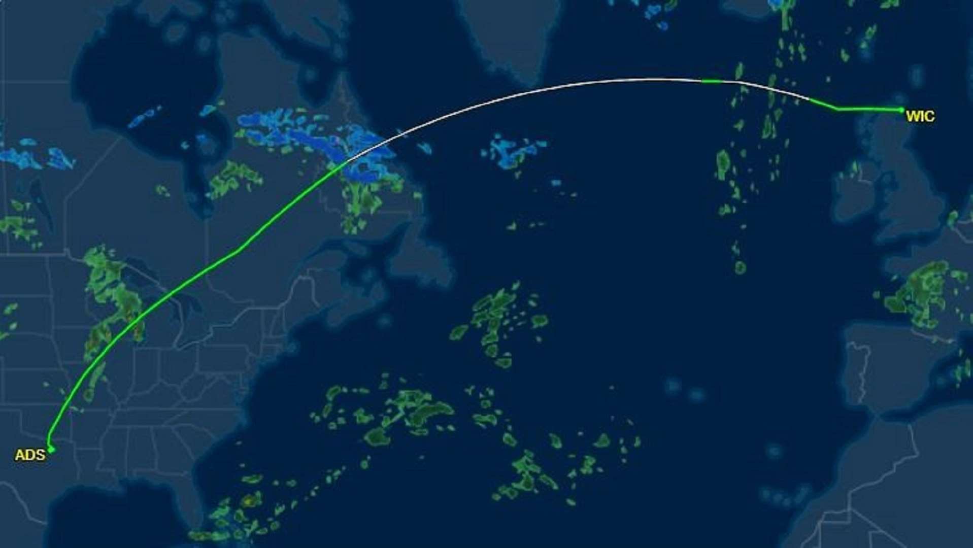 Flight path of the jet from Dallas to Wick.