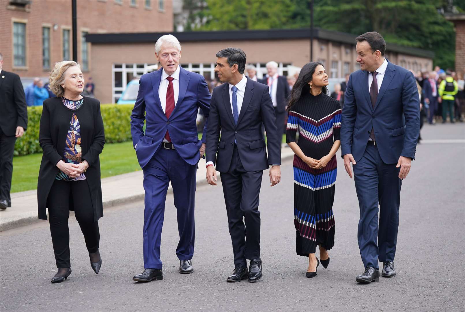 (Left-right) Hillary Clinton, Former US president Bill Clinton, Prime Minister Rishi Sunak, Akshata Murty and Taoiseach Leo Varadkar at Queen’s University for a conference in April (Niall Carson/PA)