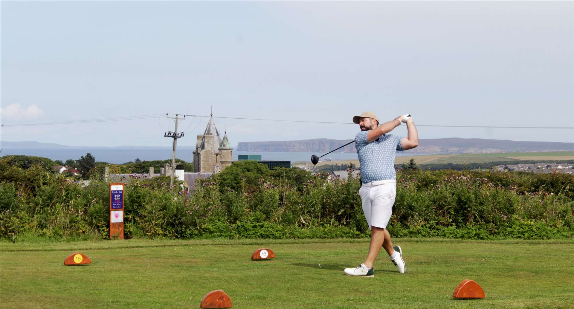 PGA coach and influencer Peter Finch hitting a ball on the Thurso course at the start of his end-to-end challenge. Picture: Chris Bacon