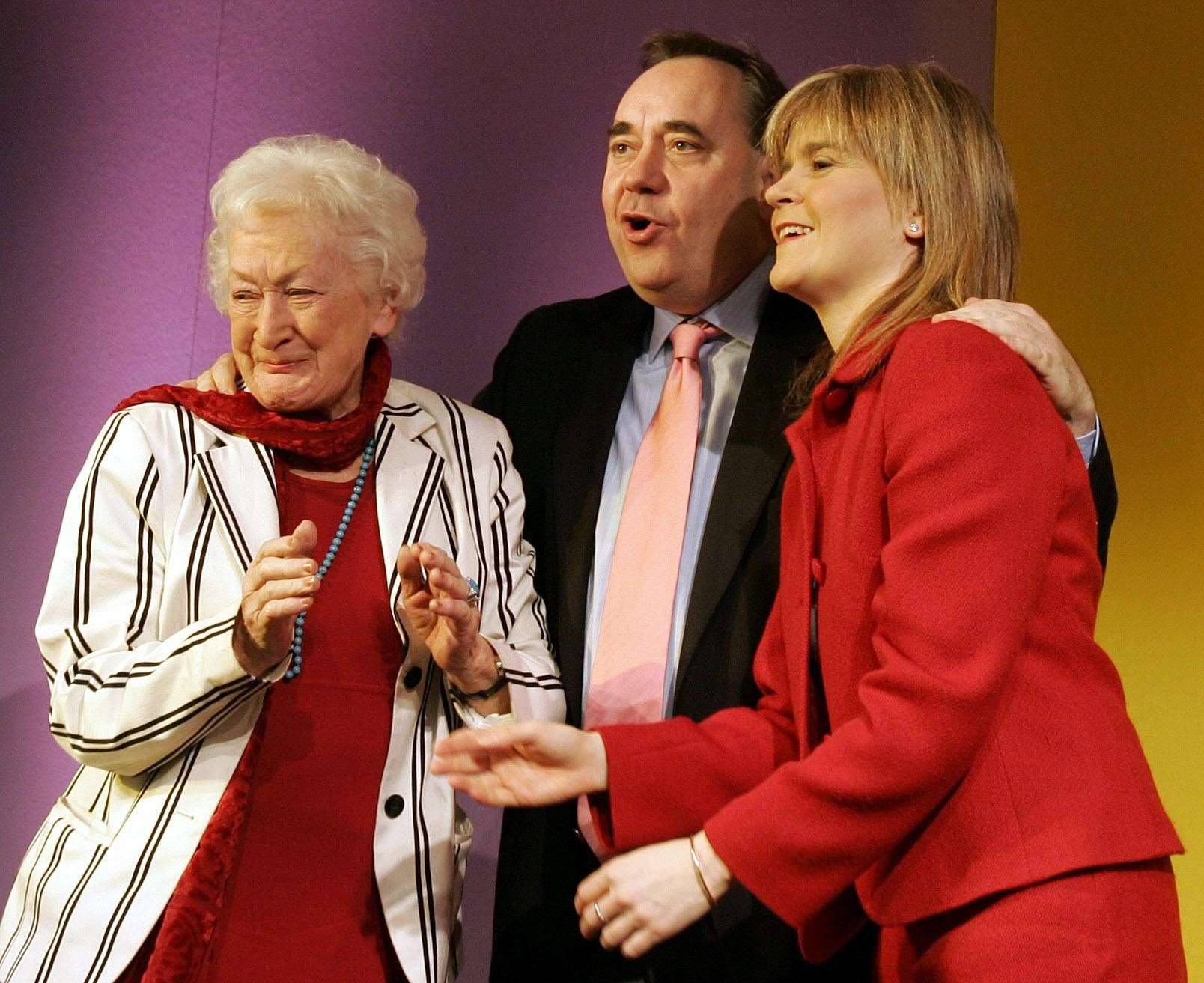 Winnie Ewing with Alex Salmond and Nicola Sturgeon in 2005 (PA)