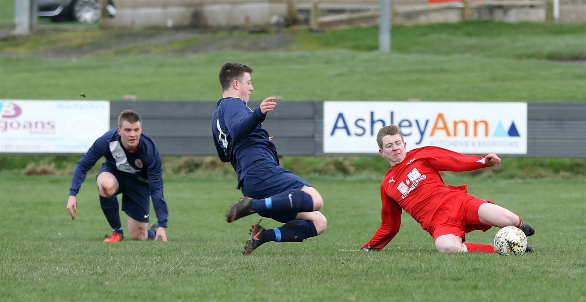 Steven Sutherland flies in with a tackle on Innes Mackintosh during a recent North Caledonian league derby between Halkirk United and Thurso. Both teams will be looking for an improvement next term. Picture: James Gunn
