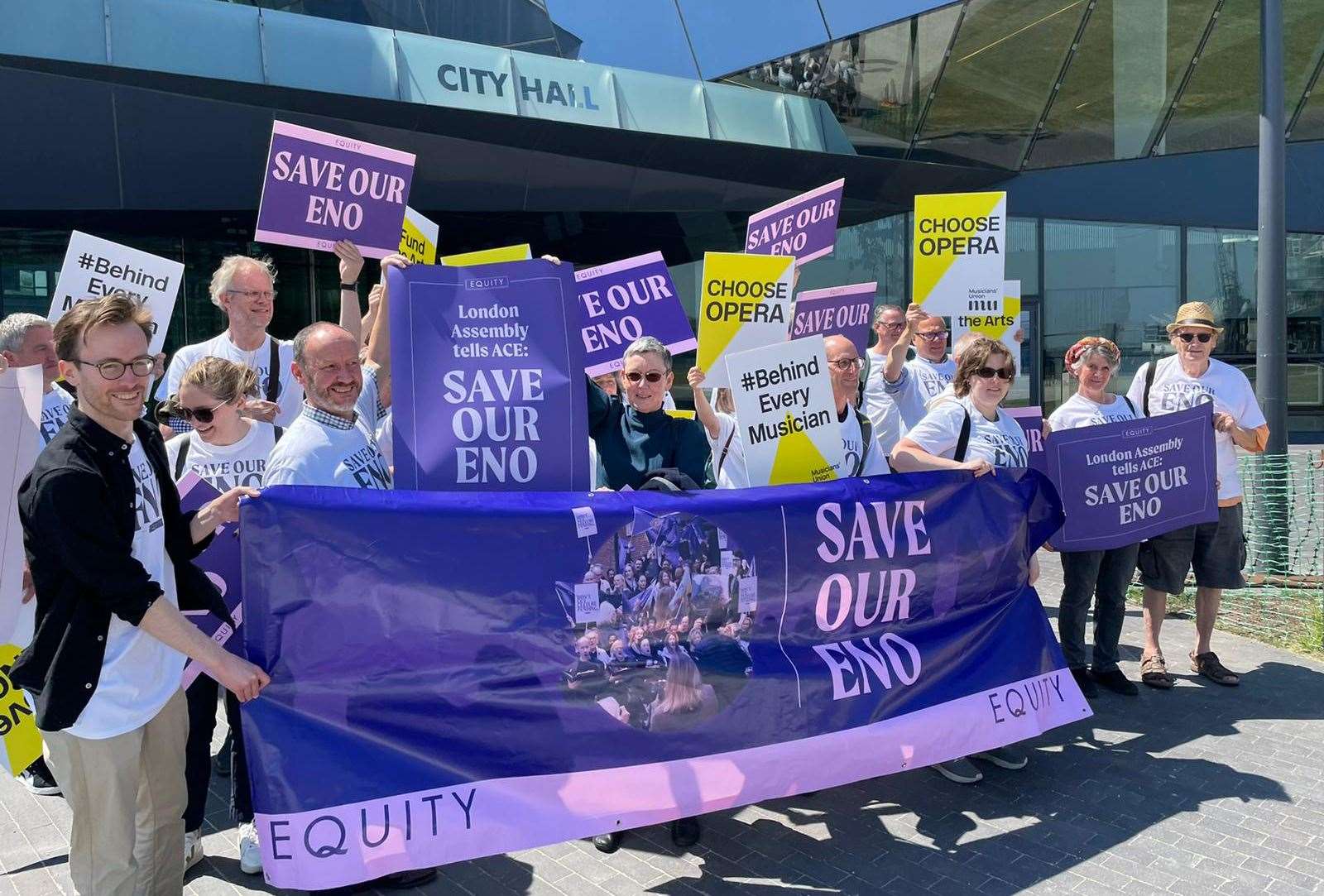 Equity’s ENO members celebrate the unanimous adoption of a motion at the London Assembly objecting to the push by ACE to move ENO away from London (Equity/PA)