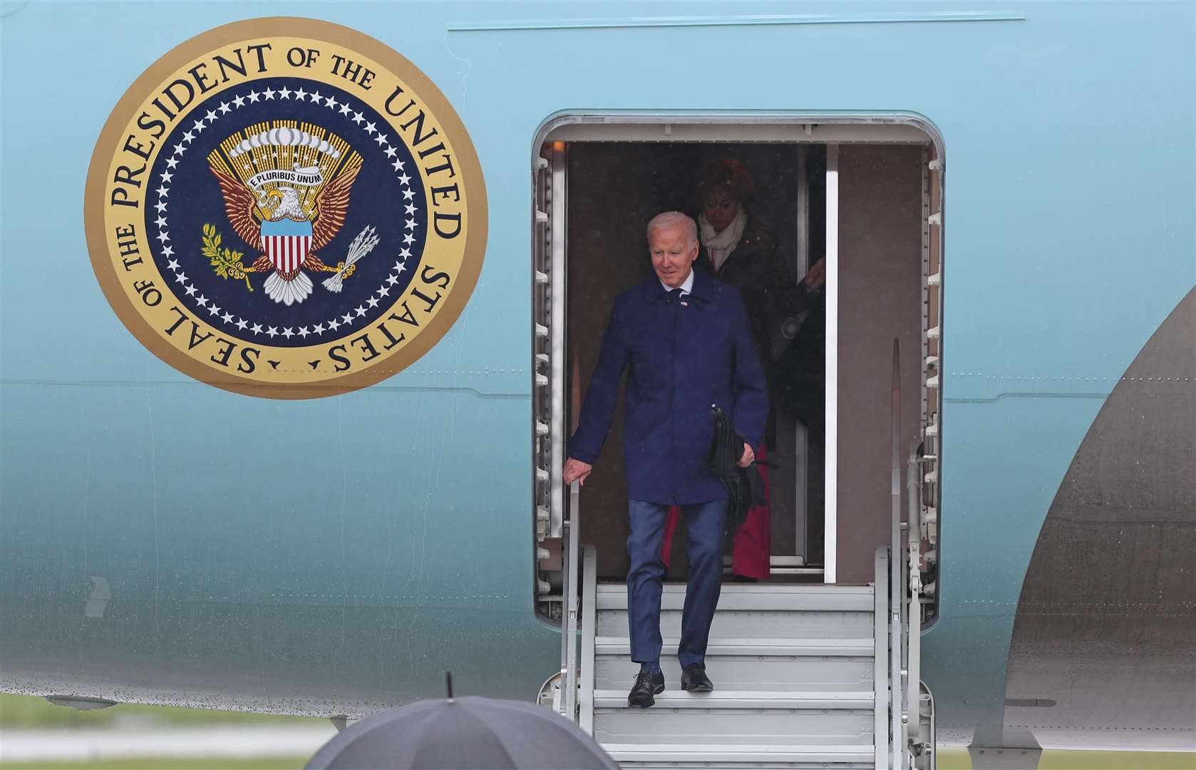US President Joe Biden disembarks from Air Force One at Dublin Airport (Damien Sotran/PA)