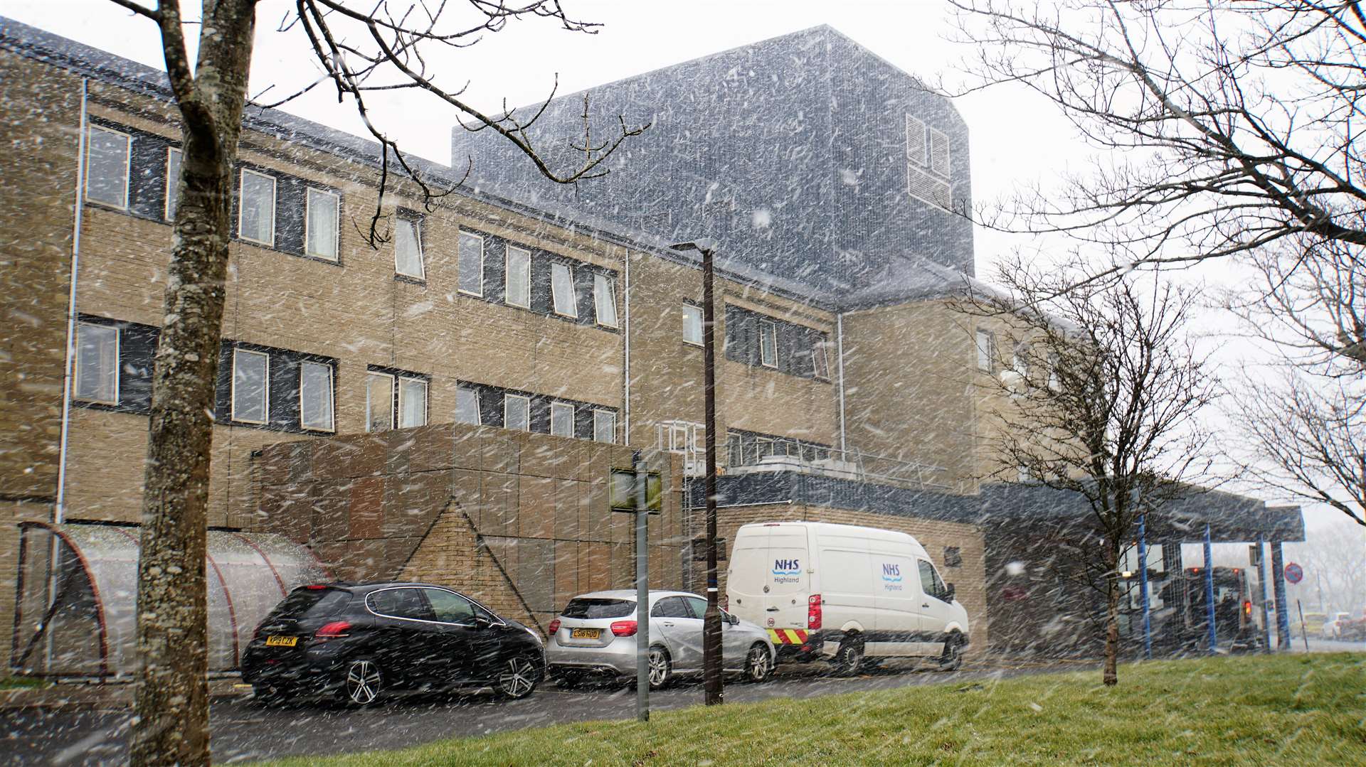 Caithness General Hospital this morning during one of several snow flurries. Picture: David G Scott