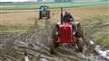 Leaving the field are Jonnie Mathieson on the red tractor at front followed by Robbie Flett on his John Deere. Picture: DGS