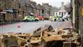Tons of masonry collapsed onto the street from the parapet of the former Clydesdale Bank building on Traill Street in Thurso this morning. Picture: DGS