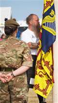Leading the Wounded Highlanders team was Jim Holborn who raised the flag as King Charles III arrived at the ground. Picture: DGS