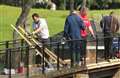 Preparing to replace some of the old deck timbers on the main Coghill footbridge.