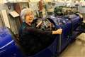 Janet Mowat in a replica Bugatti at the preview evening in Halkirk Heritage and Vintage Motor Centre.