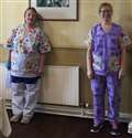 Pulteney House staff Anne Craigie and Fiona McPhee proudly wearing their colouful new scrubs.