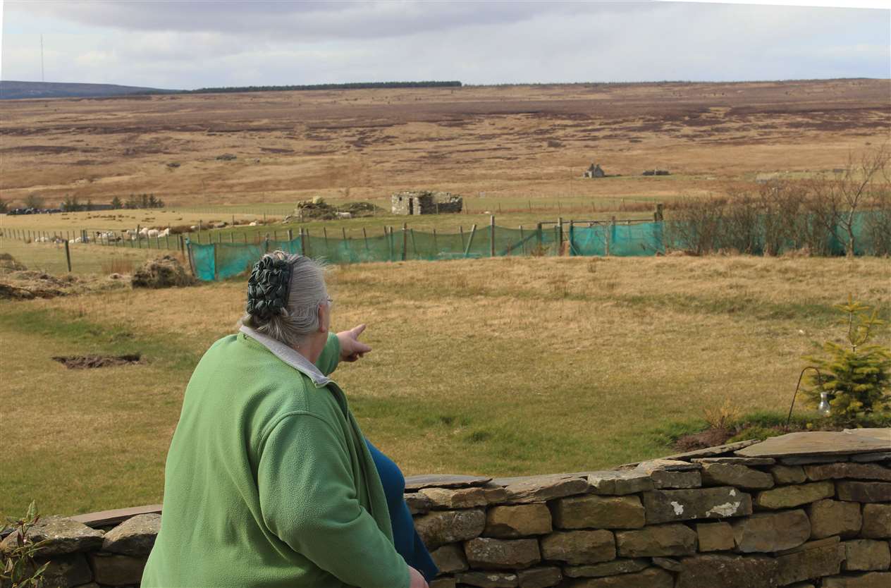 Roster resident Jo Bowd pointing towards the Golticlay Wind Farm development site. Picture: Alan Hendry