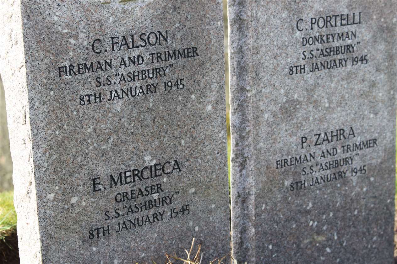 Graves in Thurso cemetery where 14 crewmen from the Ashbury were buried after the steamer sank at the mouth of Talmine Bay in January 1945.