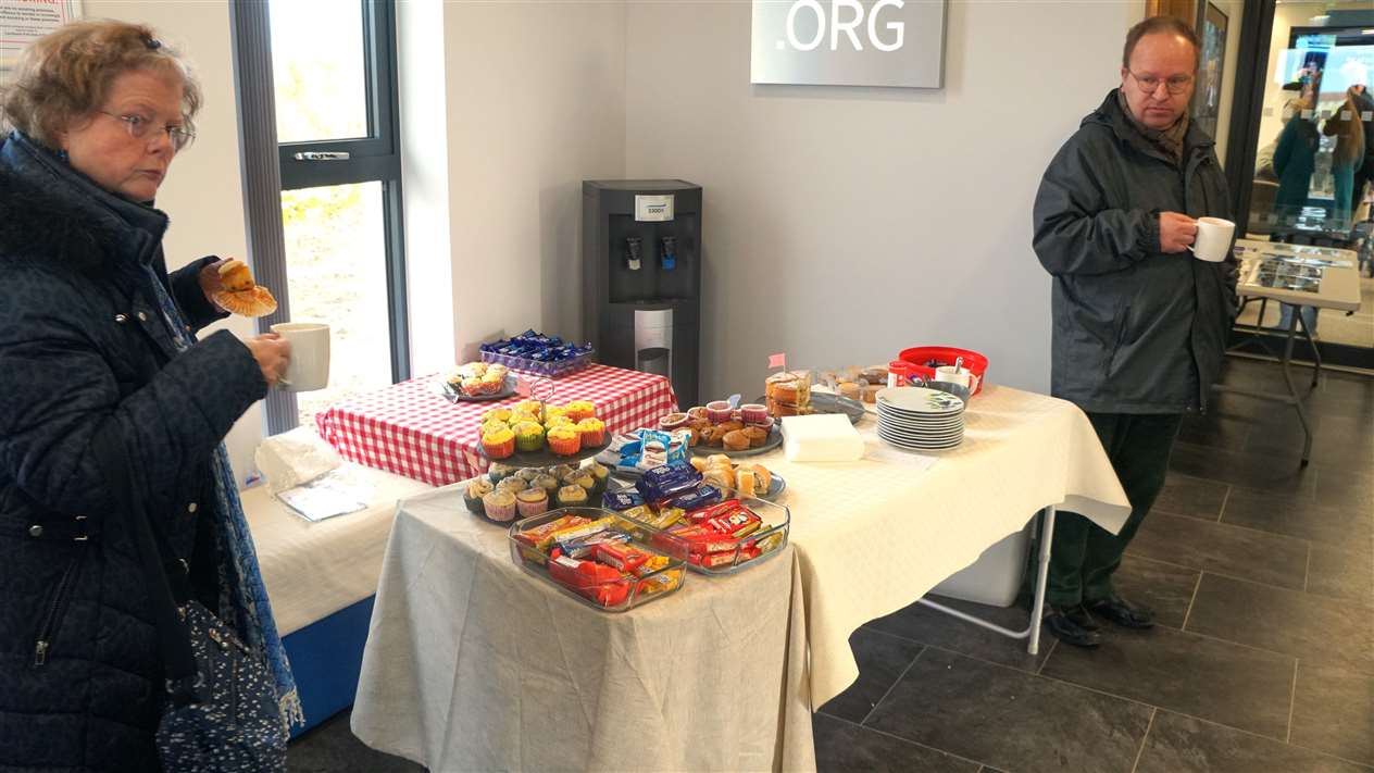 Refreshments at the front door of the Kingdom Hall. Picture: DGS
