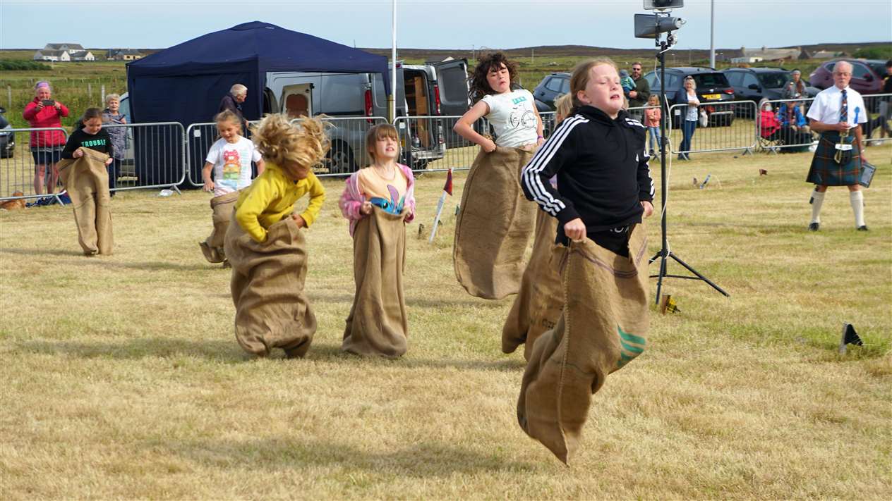 Children's sack race at the Mey Highland Games 2023. Picture: DGS