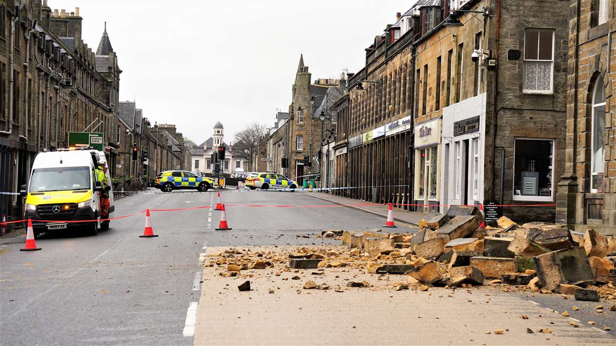 Tons of masonry collapsed onto the street from the parapet of the former Clydesdale Bank building on Traill Street in Thurso this morning. Picture: DGS