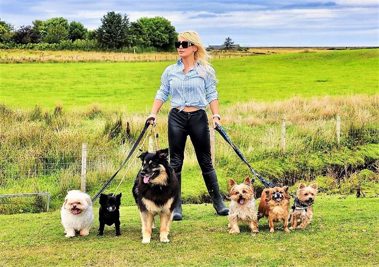 Natalie on day six of walk with dogs Princess Tia, Louis Vuitton, Lassie, Gizmo, Benjamin Buttons and Marty.