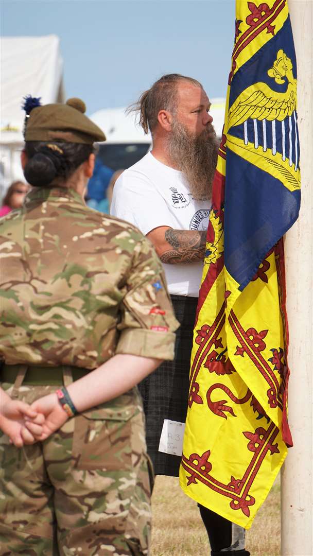 Leading the Wounded Highlanders team was Jim Holborn who raised the flag as King Charles III arrived at the ground. Picture: DGS