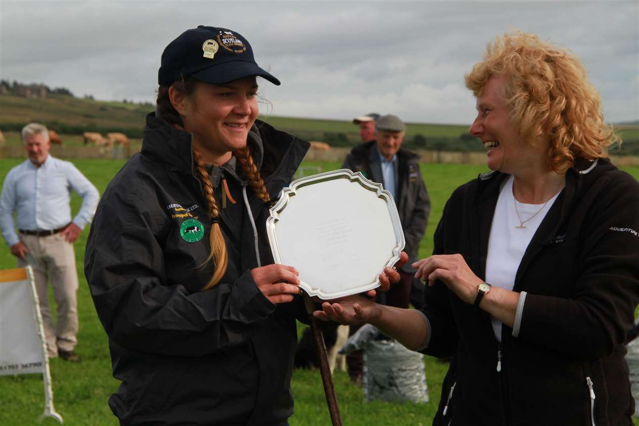 Elinore Nilsson, Alyth, Perthshire, receiving the Miss McFarlane Trophy for the highest placed competitor who has never been in the Scottish Team before from Joyce Shearer. Picture: Willie Mackay