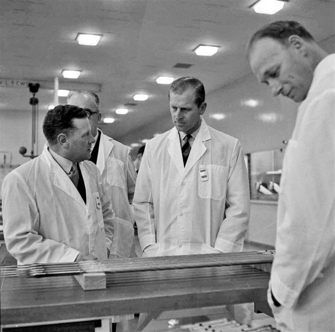 The Duke of Edinburgh being shown fuel rods in Dounreay's Fuel Cycle Area during a visit to the site in October 1957. Picture: DSRL and NDA
