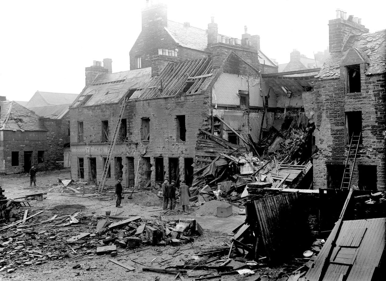 A scene of devastation after the German bombing raid on Bank Row in July 1940. Picture from the Johnston Collection, reproduced courtesy of the Wick Society