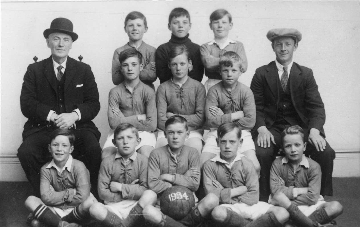 The Wick South School team of 1934 who doubled up as East End. Back row: Sandy Miller, Tommy Sutherland and Jimmy More. Middle: William Smith (headmaster), Jackie Webster, John Taylor, James Farmer and William Sinclair (coach). Front: Jimmy Moonie, William Miller, Hamish Gunn, Sandy Durrand and John Bremner.