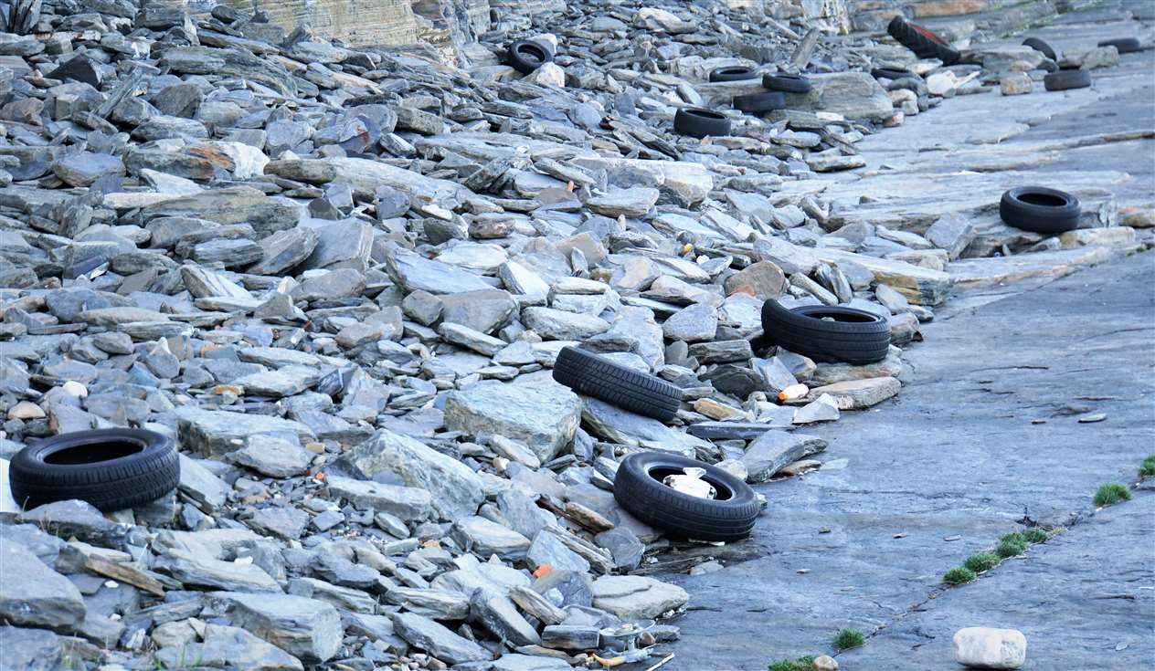 At least 20 tyres were counted at this scenic area near Wick. Many of them appear to have been dumped since lockdown was announced. Picture: DGS