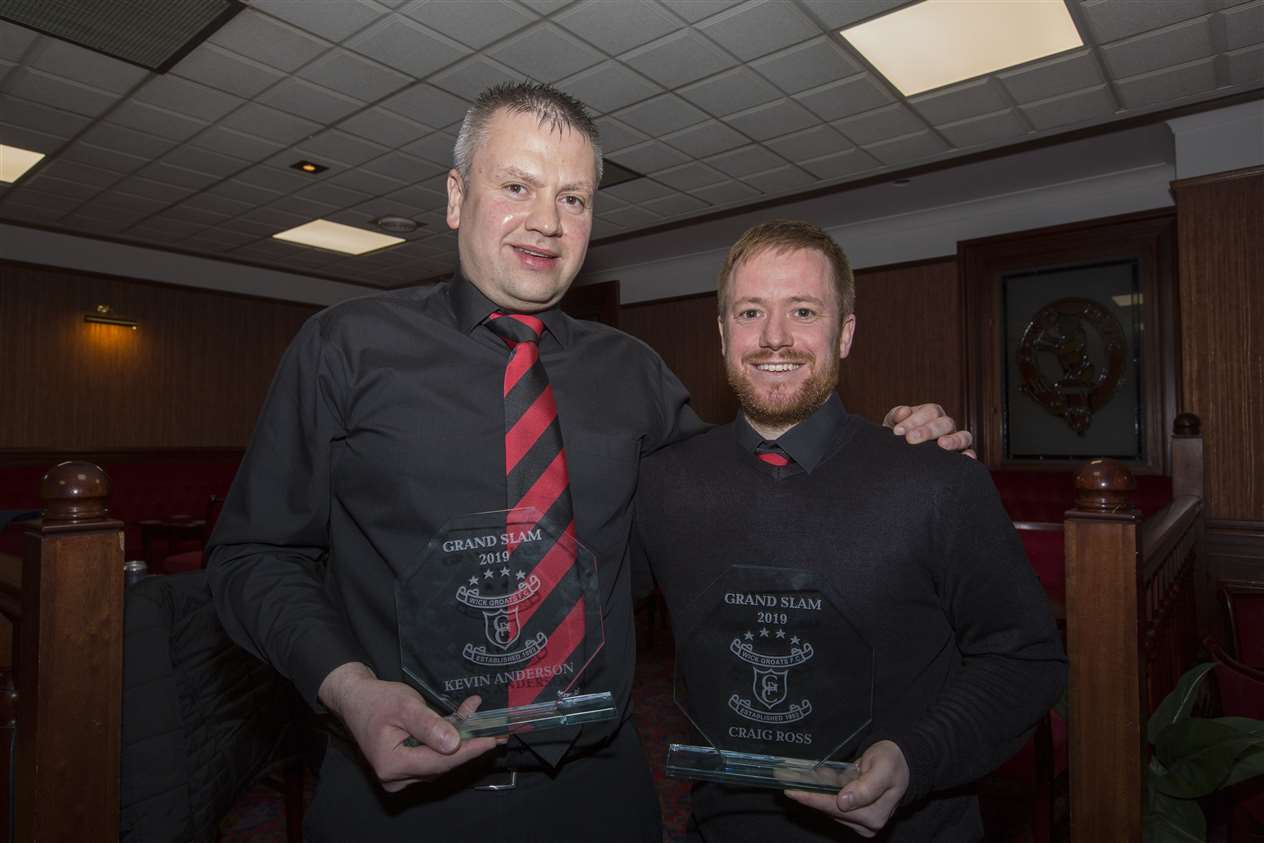 Wick Groats manager Kevin Anderson (left) and assistant Craig Ross received special awards to mark the club's clean sweep of trophies.